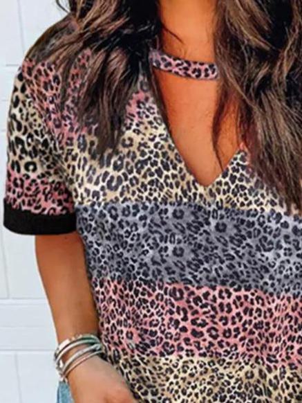 Leopard Print V-Neck Short Sleeve Casual T-Shirts - T-Shirts - INS | Online Fashion Free Shipping Clothing, Dresses, Tops, Shoes - 10-20 - 28/06/2021 - Category_T-Shirts