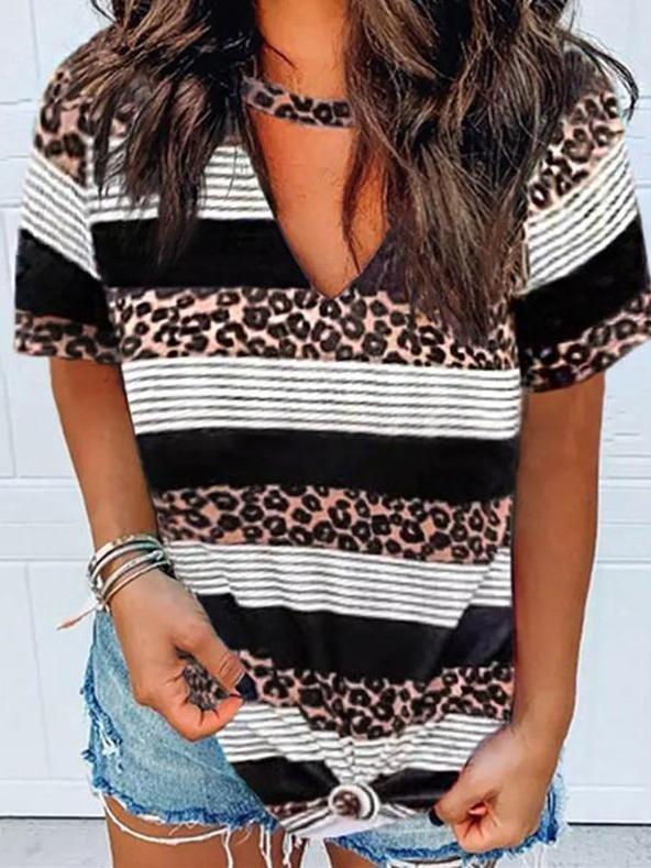 Leopard Print V-Neck Short Sleeve Casual T-Shirts - T-Shirts - INS | Online Fashion Free Shipping Clothing, Dresses, Tops, Shoes - 10-20 - 28/06/2021 - Category_T-Shirts