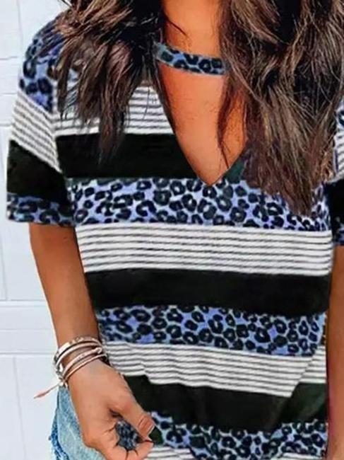 Leopard Print V-Neck Short Sleeve Casual T-Shirts - T-Shirts - INS | Online Fashion Free Shipping Clothing, Dresses, Tops, Shoes - 10-20 - 28/06/2021 - Category_T-Shirts