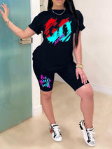 Letter Print Short Sleeve Top & Shorts Set - Two-piece Outfits - INS | Online Fashion Free Shipping Clothing, Dresses, Tops, Shoes - 05/05/2021 - Category_Two-piece Outfits - Color_Black