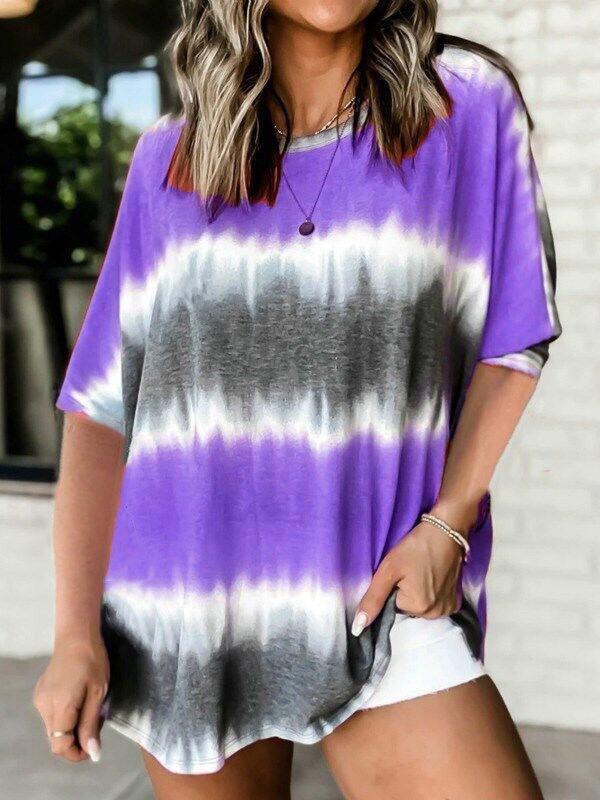 Lnk Tie Dye Gradients Round Neck Over Size T-Shirt - T-Shirts - INS | Online Fashion Free Shipping Clothing, Dresses, Tops, Shoes - 13/04/2021 - Color_Purple - Color_Yellow