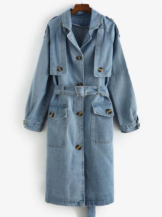 Longline Belted Pockets Denim Trench Coat - INS | Online Fashion Free Shipping Clothing, Dresses, Tops, Shoes