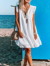 Loose Cotton Embroidered V-neck Dress - Mini Dresses - INS | Online Fashion Free Shipping Clothing, Dresses, Tops, Shoes - 11/06/2021 - Color_White - DRE2106110359