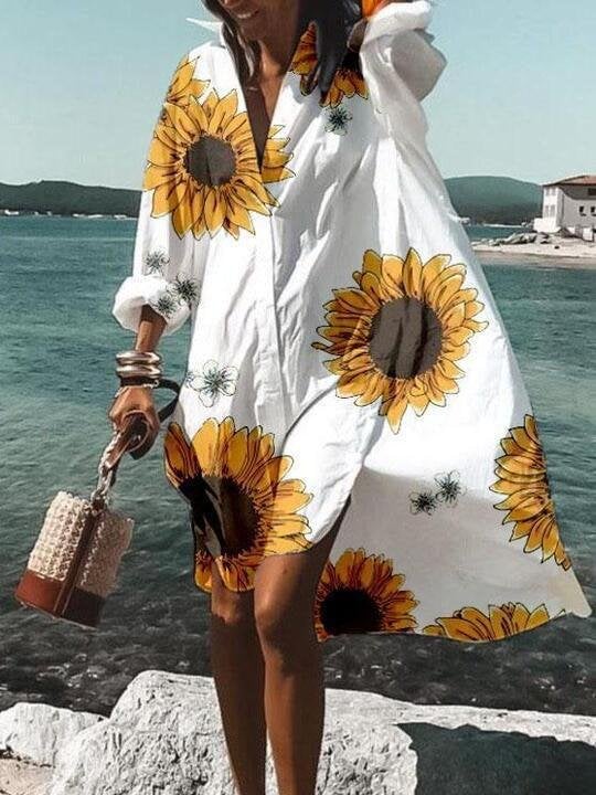 Loose Dandelion Print V-neck Shirt Dress - Mini Dresses - INS | Online Fashion Free Shipping Clothing, Dresses, Tops, Shoes - 14/07/2021 - 30-40 - color-black