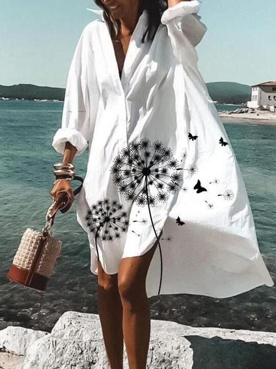 Loose Dandelion Print V-neck Shirt Dress - Mini Dresses - INS | Online Fashion Free Shipping Clothing, Dresses, Tops, Shoes - 14/07/2021 - 30-40 - color-black