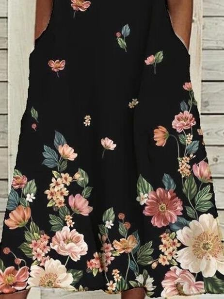 Loose Floral Print Pocket Dress - Midi Dresses - INS | Online Fashion Free Shipping Clothing, Dresses, Tops, Shoes - 20-30 - 22/06/2021 - color-black