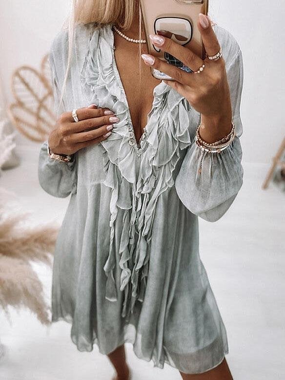 Loose Lapel Long Sleeve Chiffon Dress - Mini Dresses - INS | Online Fashion Free Shipping Clothing, Dresses, Tops, Shoes - 05/06/2021 - Category_Mini Dresses - Color_Green