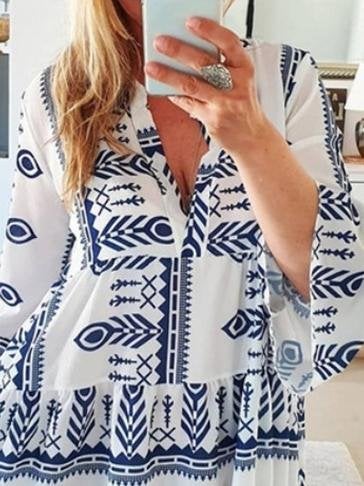 Loose Printed Long Sleeve V-Neck Dress - Mini Dresses - INS | Online Fashion Free Shipping Clothing, Dresses, Tops, Shoes - 15/06/2021 - Category_Mini Dresses - Color_Blue