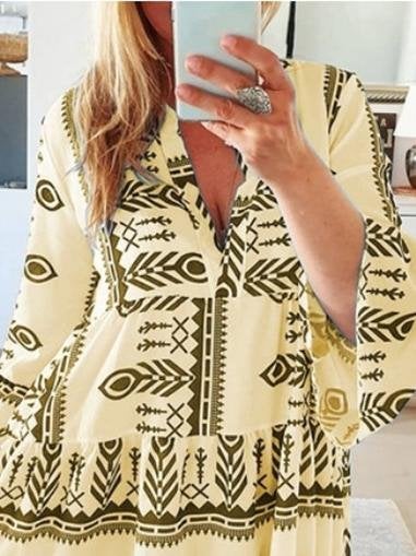 Loose Printed Long Sleeve V-Neck Dress - Mini Dresses - INS | Online Fashion Free Shipping Clothing, Dresses, Tops, Shoes - 15/06/2021 - Category_Mini Dresses - Color_Blue