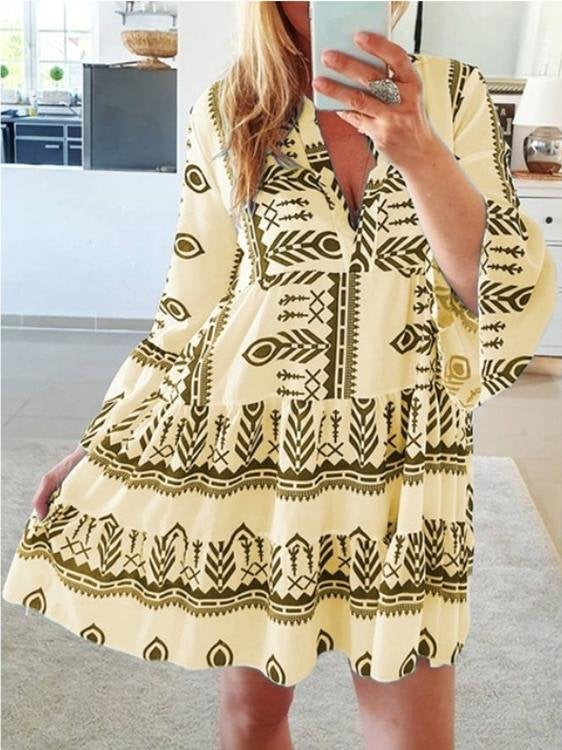 Loose Printed Long Sleeve V-Neck Dress - Mini Dresses - INS | Online Fashion Free Shipping Clothing, Dresses, Tops, Shoes - 15/06/2021 - Category_Mini Dresses - Color_Blue