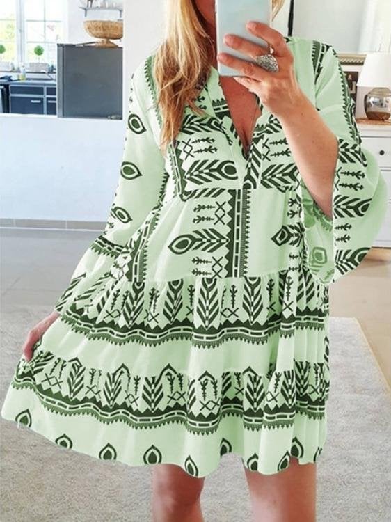 Loose Printed Long Sleeve V-Neck Dress - Mini Dresses - INS | Online Fashion Free Shipping Clothing, Dresses, Tops, Shoes - 15/06/2021 - Category_Mini Dresses - Color_Blue