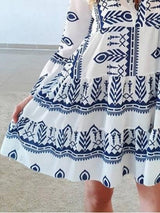 Loose Printed Long Sleeve V-Neck Dress - Mini Dresses - INS | Online Fashion Free Shipping Clothing, Dresses, Tops, Shoes - 15/06/2021 - Category_Mini Dresses - Color_Blue