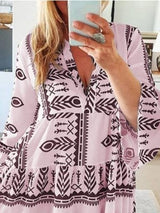 Loose Printed Long Sleeve V-Neck Dress - Mini Dresses - INS | Online Fashion Free Shipping Clothing, Dresses, Tops, Shoes - 15/06/2021 - Category_Mini Dresses - Color_Blue