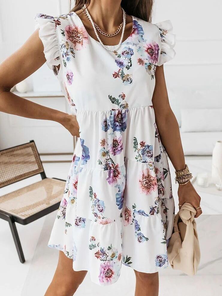 Loose Printed Ruffled Short-sleeved Dress - Mini Dresses - INS | Online Fashion Free Shipping Clothing, Dresses, Tops, Shoes - 20-30 - 21/06/2021 - color-blue