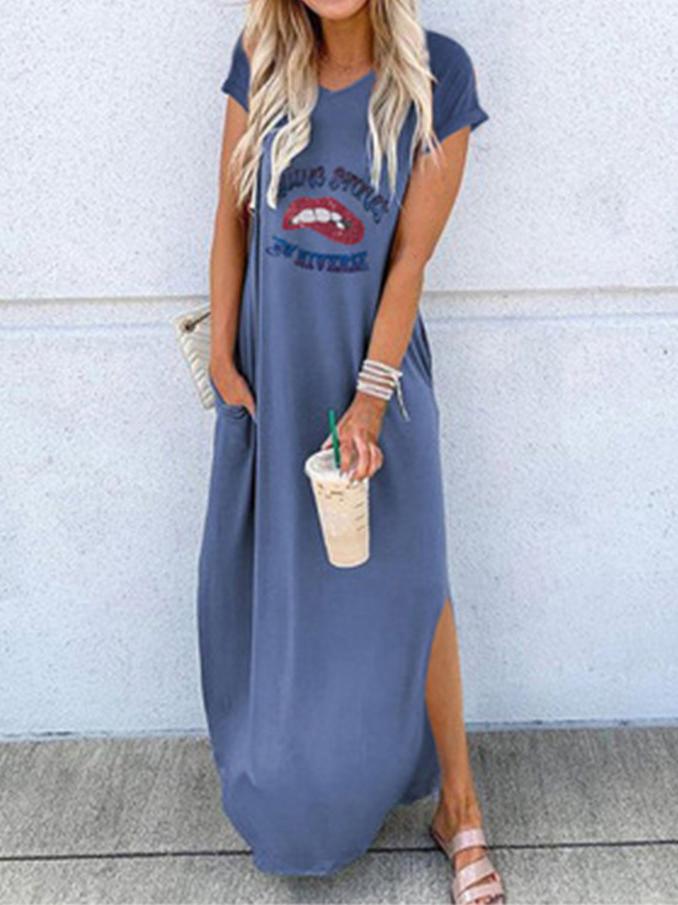 Loose Round Neck Short Sleeve Printed Long Dress - Maxi Dresses - INS | Online Fashion Free Shipping Clothing, Dresses, Tops, Shoes - 24/05/2021 - Color_Black - Color_Blue