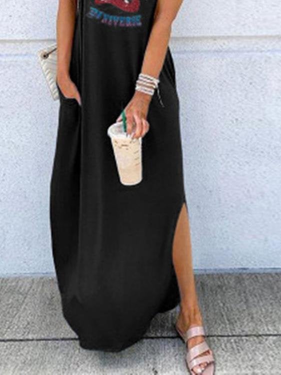 Loose Round Neck Short Sleeve Printed Long Dress - Maxi Dresses - INS | Online Fashion Free Shipping Clothing, Dresses, Tops, Shoes - 24/05/2021 - Color_Black - Color_Blue