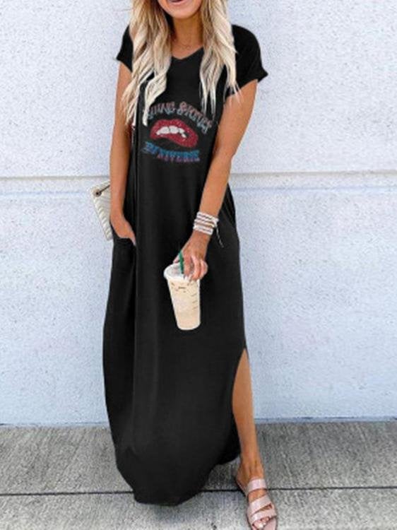 Loose Round Neck Short Sleeve Printed Long Dress - Maxi Dresses - INS | Online Fashion Free Shipping Clothing, Dresses, Tops, Shoes - 24/05/2021 - Color_Black - Color_Blue