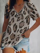 Loose Short Sleeve Leopard Print V-Neck Zipper T-Shirts - T-Shirts - INS | Online Fashion Free Shipping Clothing, Dresses, Tops, Shoes - 20-30 - 26/07/2021 - Category_T-Shirts