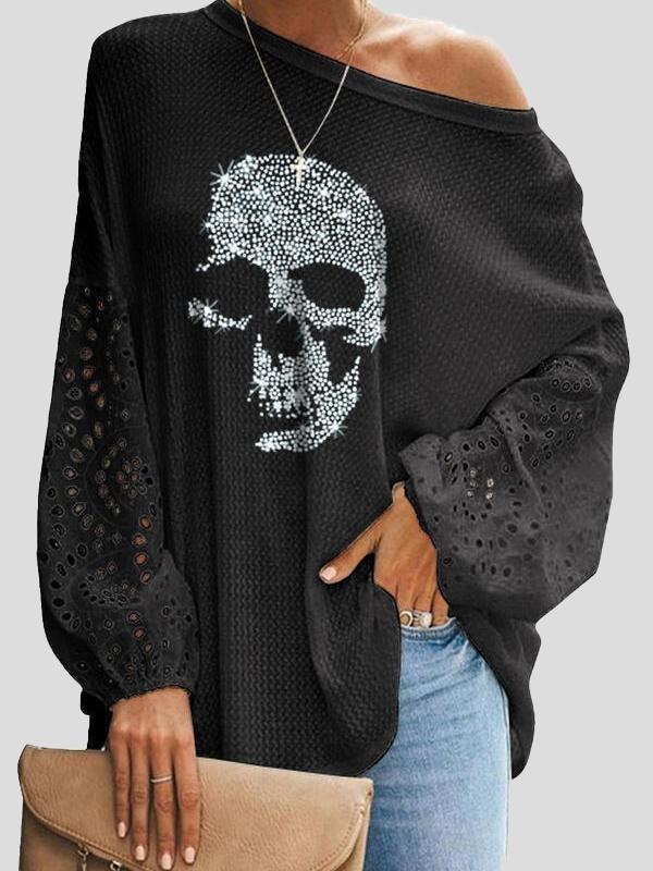 Loose Skull Printed Lace Stitching T-shirt - T-shirts - INS | Online Fashion Free Shipping Clothing, Dresses, Tops, Shoes - 15/06/2021 - Color_Black - Color_Blue