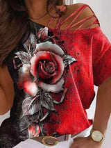 Loose Slant Collar Rose Print Off-Shoulder T-Shirt - T-Shirts - INS | Online Fashion Free Shipping Clothing, Dresses, Tops, Shoes - 10-20 - 19/06/2021 - color-green