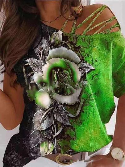 Loose Slant Collar Rose Print Off-Shoulder T-Shirt - T-Shirts - INS | Online Fashion Free Shipping Clothing, Dresses, Tops, Shoes - 10-20 - 19/06/2021 - color-green