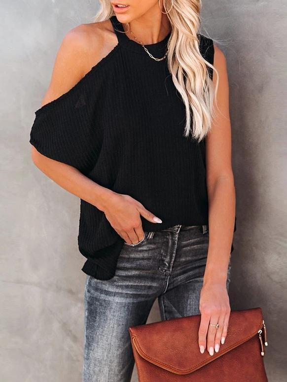 Loose Solid Round Neck Pit Strip Off-shoulder T-shirt - T-shirts - INS | Online Fashion Free Shipping Clothing, Dresses, Tops, Shoes - 09/07/2021 - 20-30 - color-black