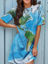 Loose Tie-dye Map Print Short-sleeved Dress - Mini Dresses - INS | Online Fashion Free Shipping Clothing, Dresses, Tops, Shoes - 20-30 - 21/06/2021 - color-blue