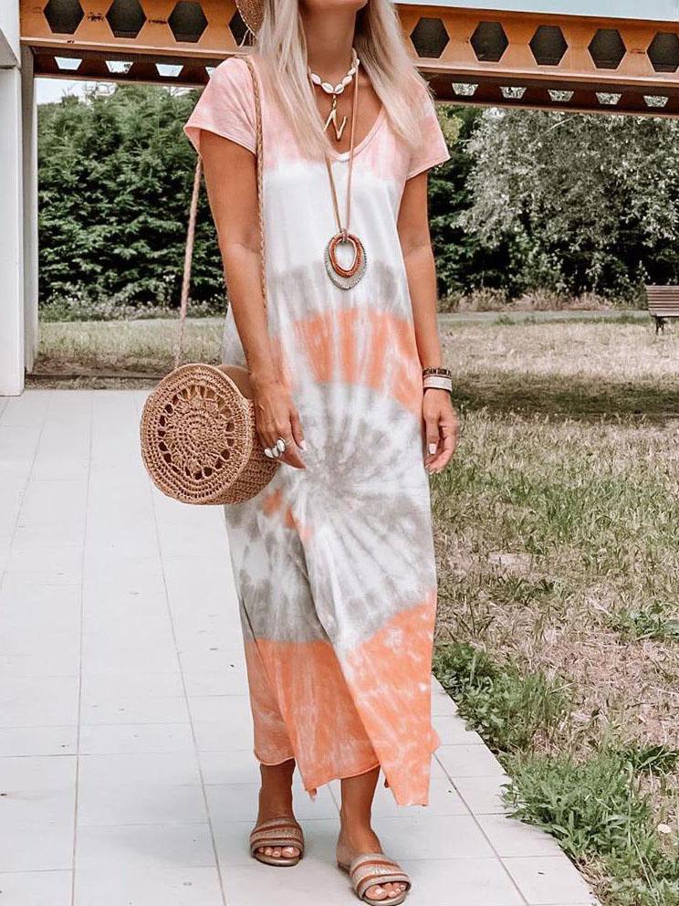 Loose Tie-Dye Printed Short Sleeve Split Dress - Maxi Dresses - INS | Online Fashion Free Shipping Clothing, Dresses, Tops, Shoes - 09/07/2021 - 20-30 - Category_Maxi Dresses