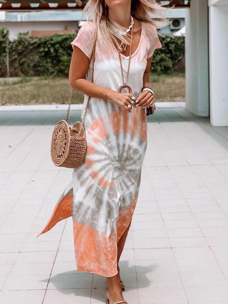 Loose Tie-Dye Printed Short Sleeve Split Dress - Maxi Dresses - INS | Online Fashion Free Shipping Clothing, Dresses, Tops, Shoes - 09/07/2021 - 20-30 - Category_Maxi Dresses