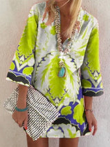 Loose V-neck Ethnic Print Mid-sleeve Mini Skirt - Mini Dresses - INS | Online Fashion Free Shipping Clothing, Dresses, Tops, Shoes - 03/06/2021 - Color_Green - DRE2106030011