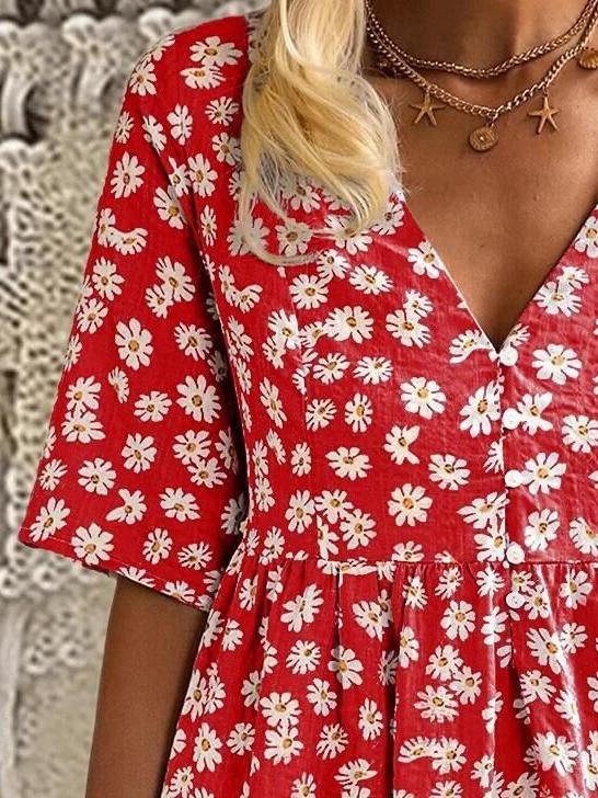 Loose V-neck Floral Print Mid Sleeve Dress - Mini Dresses - INS | Online Fashion Free Shipping Clothing, Dresses, Tops, Shoes - 20-30 - 21/06/2021 - color-blue