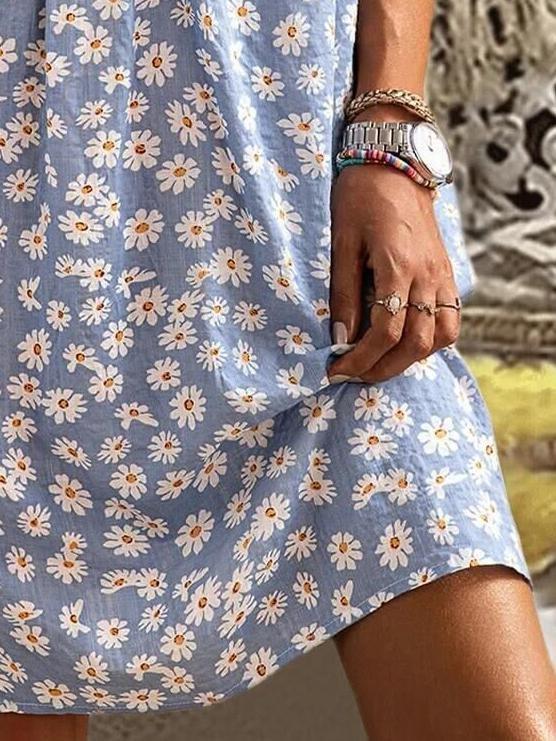 Loose V-neck Floral Print Mid Sleeve Dress - Mini Dresses - INS | Online Fashion Free Shipping Clothing, Dresses, Tops, Shoes - 20-30 - 21/06/2021 - color-blue