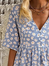 Loose V-neck Floral Print Mid Sleeve Dress - Mini Dresses - INS | Online Fashion Free Shipping Clothing, Dresses, Tops, Shoes - 20-30 - 21/06/2021 - color-blue