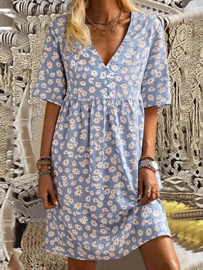 Loose V-neck Floral Print Mid Sleeve Dress - Mini Dresses - INS | Online Fashion Free Shipping Clothing, Dresses, Tops, Shoes - 20-30 - 21/06/2021 - color-blue