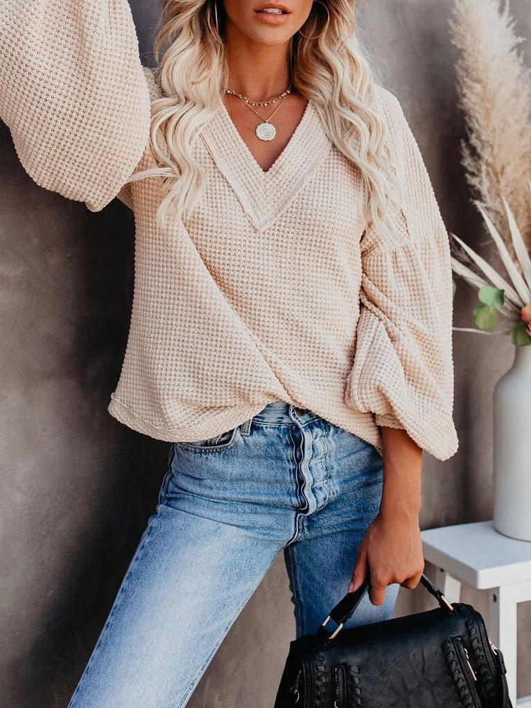Loose V-neck Lantern Sleeve Top - Blouses - INS | Online Fashion Free Shipping Clothing, Dresses, Tops, Shoes - 20-30 - 20/07/2021 - BLO2107201212