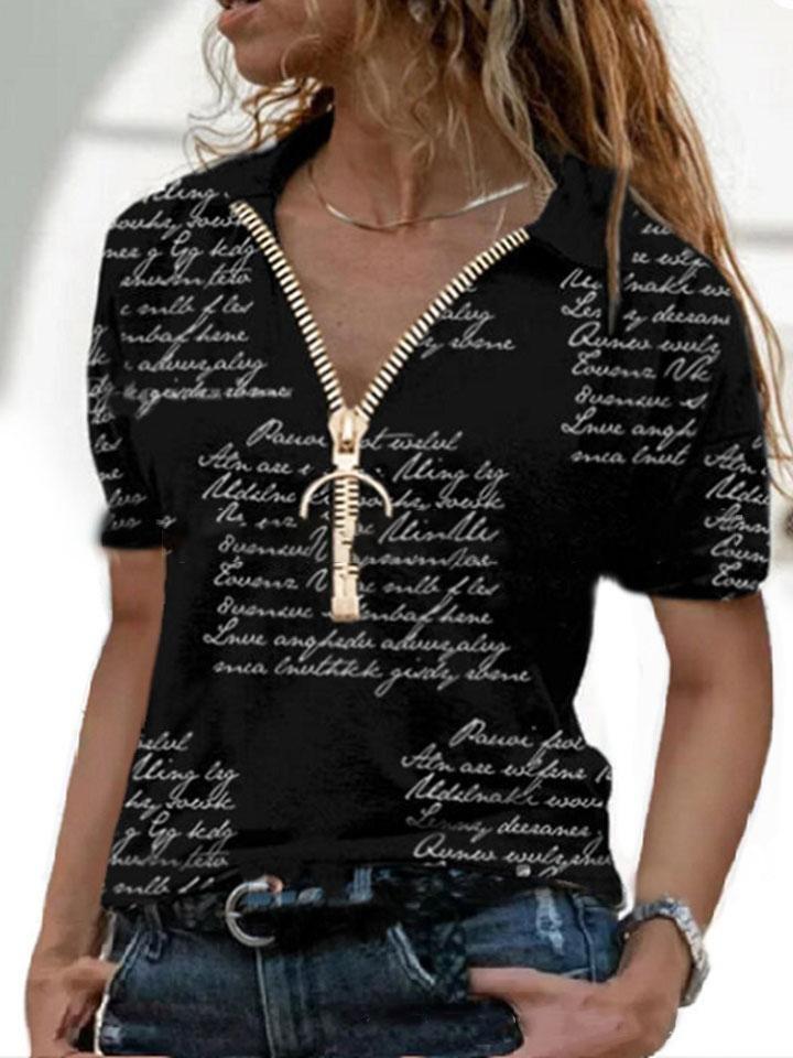 Loose V-neck Letter Print Zip Short Sleeve T-shirt - T-shirts - INS | Online Fashion Free Shipping Clothing, Dresses, Tops, Shoes - 09/07/2021 - 20-30 - color-black