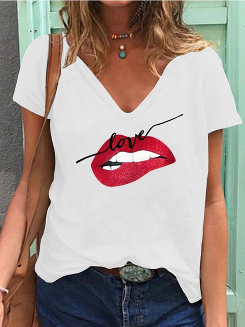 Loose V-Neck Lip Print Short Sleeve T-Shirt - T-Shirts - INS | Online Fashion Free Shipping Clothing, Dresses, Tops, Shoes - 02/07/2021 - 10-20 - Category_T-Shirts