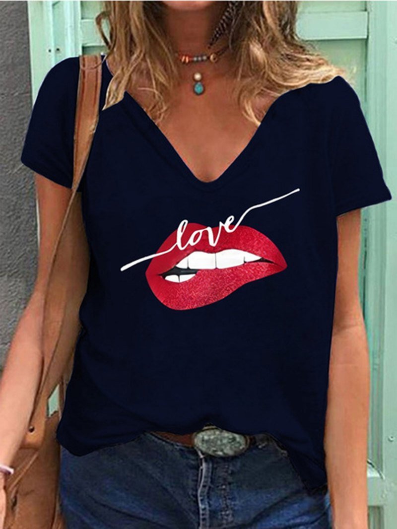Loose V-Neck Lip Print Short Sleeve T-Shirt - T-Shirts - INS | Online Fashion Free Shipping Clothing, Dresses, Tops, Shoes - 02/07/2021 - 10-20 - Category_T-Shirts