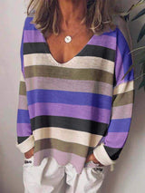 Loose V-Neck Rainbow Striped Long Sleeve T-Shirt - T-Shirts - INS | Online Fashion Free Shipping Clothing, Dresses, Tops, Shoes - 10-20 - 15/07/2021 - Category_T-Shirts