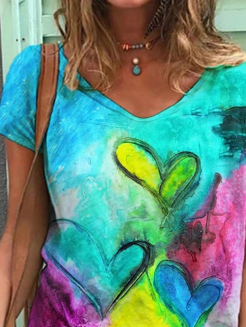 Loose V-neck Short Sleeve T-shirt With Love Print - T-Shirts - INS | Online Fashion Free Shipping Clothing, Dresses, Tops, Shoes - 03/06/2021 - Category_T-Shirts - Color_Multicolor