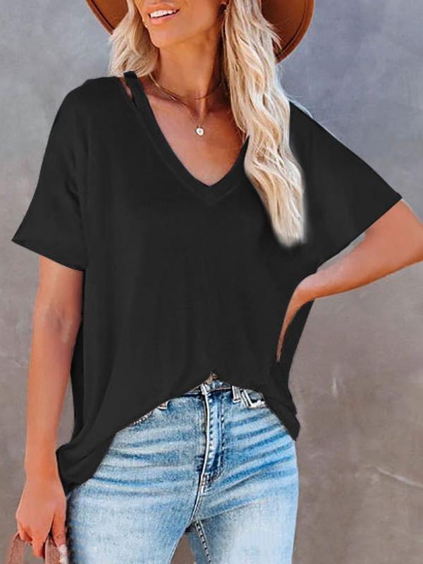 Loose V-neck Solid Short-sleeved T-shirt - 20.99 - INS | Online Fashion Free Shipping Clothing, Dresses, Tops, Shoes - 07/07/2021 - 20-30 - color-black