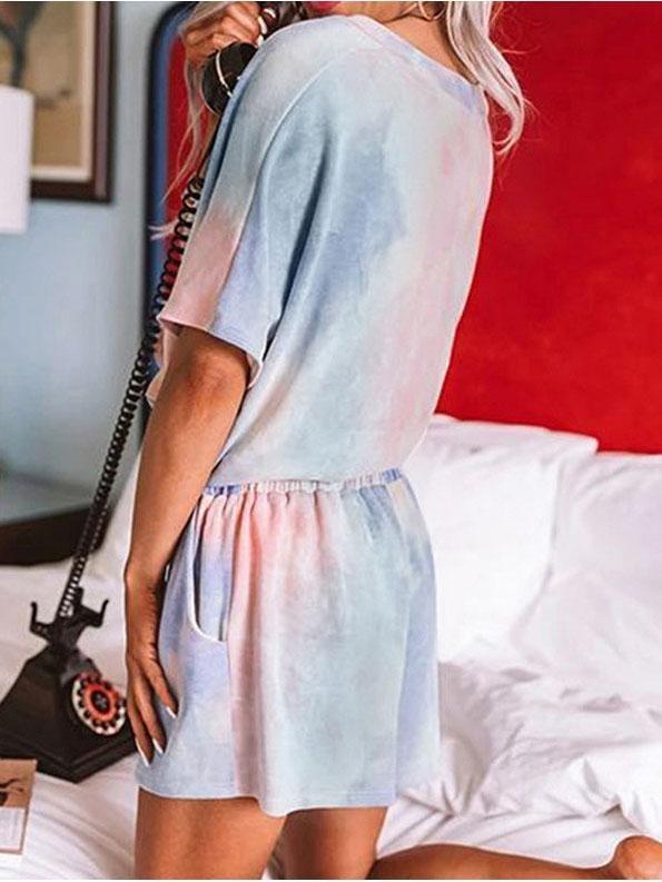 Loungewear V-Neck Short Sleeve Tie-Dye Printing Two-Piece Suit - Loungewear - INS | Online Fashion Free Shipping Clothing, Dresses, Tops, Shoes - 14/07/2021 - 20-30 - Category_Loungewear