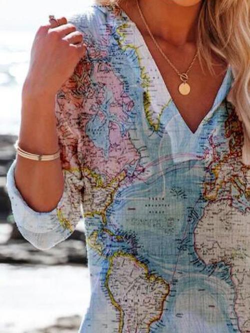 Map Printed V-Neck Casual Long Sleeve Blouses - Blouses - INS | Online Fashion Free Shipping Clothing, Dresses, Tops, Shoes - 20-30 - 21/06/2021 - blouses