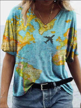 Map Printed V-neck Short-sleeved T-shirt - T-shirts - INS | Online Fashion Free Shipping Clothing, Dresses, Tops, Shoes - 07/06/2021 - Color_Blue - Color_Purple