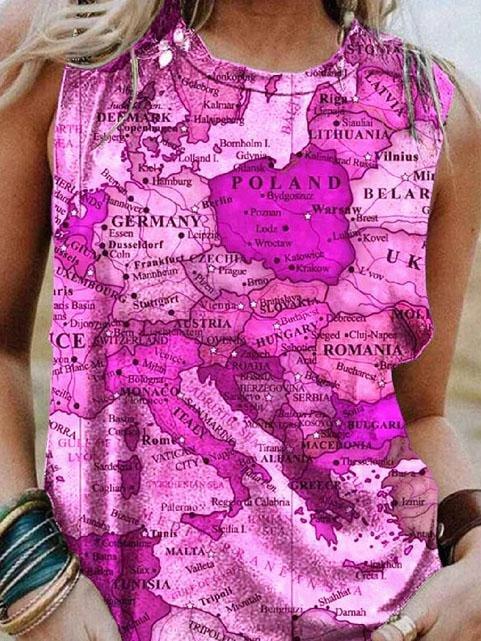 Map Printing Crew Neck Casual Tank Tops - Tanks - INS | Online Fashion Free Shipping Clothing, Dresses, Tops, Shoes - 03/06/2021 - Category_Tanks - Color_Blue