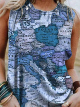 Map Printing Crew Neck Casual Tank Tops - Tanks - INS | Online Fashion Free Shipping Clothing, Dresses, Tops, Shoes - 03/06/2021 - Category_Tanks - Color_Blue