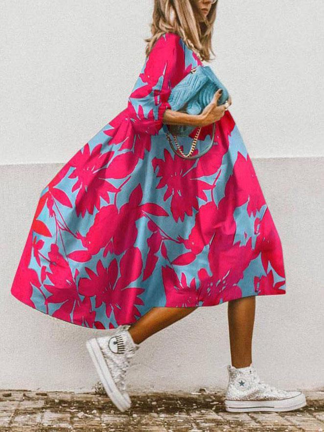 Maple Leaf Print Loose Three-quarter Sleeve Round Neck Dress - Midi Dresses - INS | Online Fashion Free Shipping Clothing, Dresses, Tops, Shoes - 03/06/2021 - Category_Midi Dresses - Color_Red