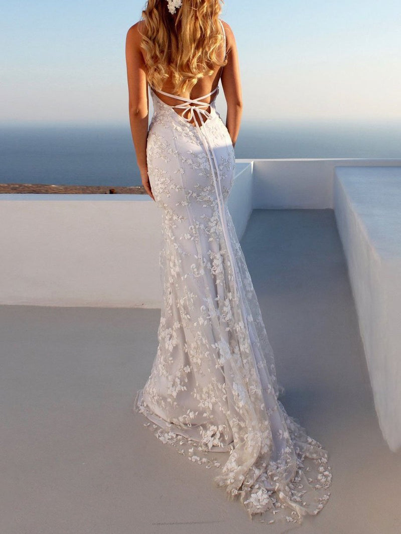 Mermaid Spaghetti Straps Lace Beach Wedding Dress - Dresses - INS | Online Fashion Free Shipping Clothing, Dresses, Tops, Shoes - 03/02/2021 - Color_White - L