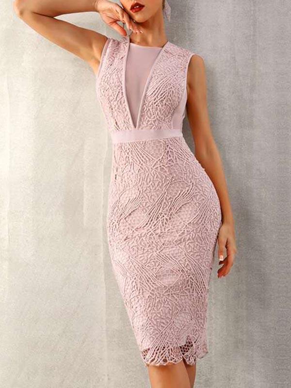 Mesh Insert Guipure Lace Overlay Bodycon Dress - Dresses - INS | Online Fashion Free Shipping Clothing, Dresses, Tops, Shoes - 02/05/2021 - Bodycon Dresses - Color_Pink