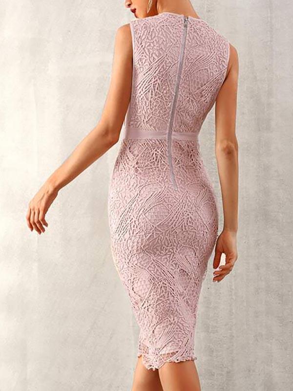 Mesh Insert Guipure Lace Overlay Bodycon Dress - Dresses - INS | Online Fashion Free Shipping Clothing, Dresses, Tops, Shoes - 02/05/2021 - Bodycon Dresses - Color_Pink